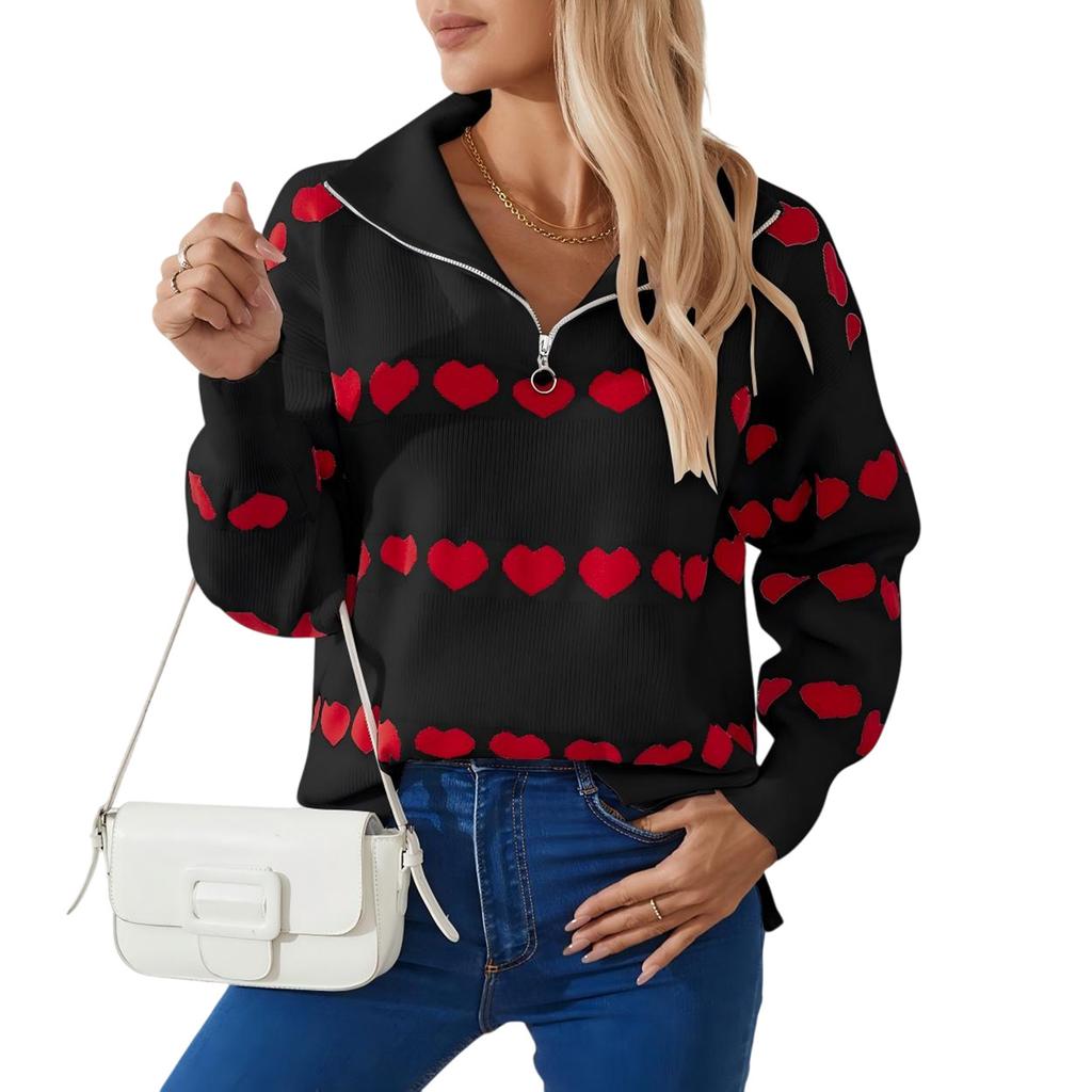 Women's Fashion Zipper Lapel Heart Contrast Color Long Sleeve Pullover Top