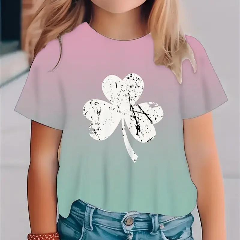 Kids T-shirt 3d Print New Minimalist 3D Printed Small Fresh Clover Pattern Girls' Round Neck Short Sleeved T-shirt