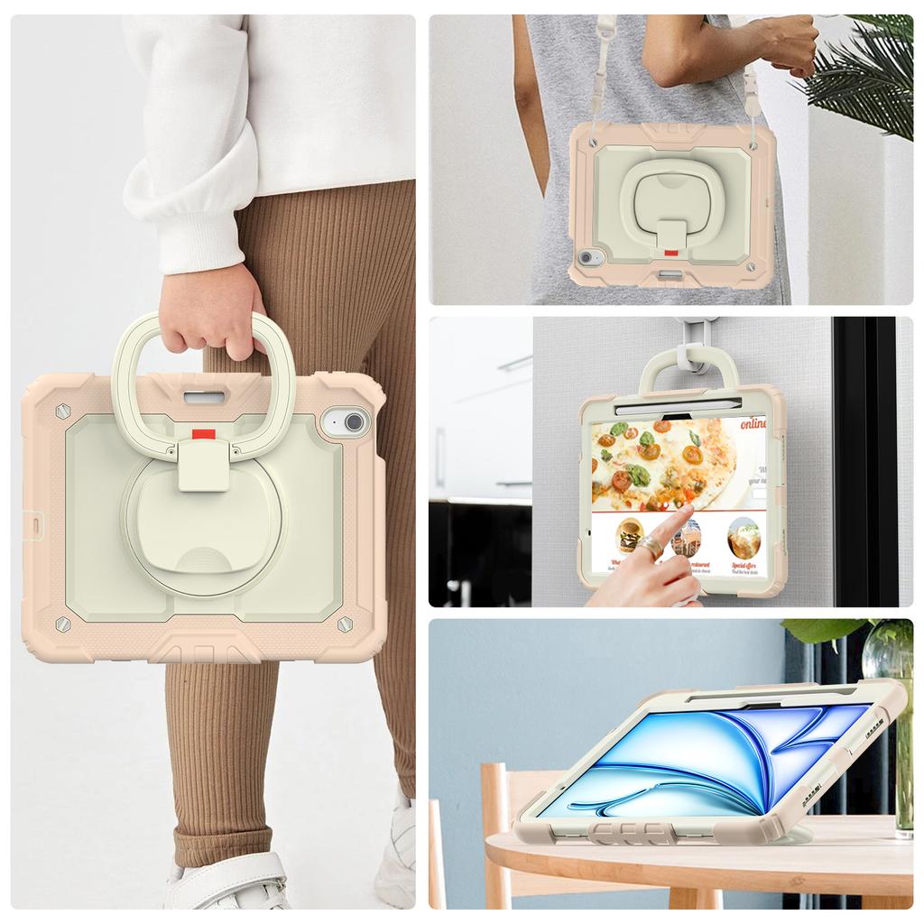 For iPad Air 11 (2025)/(2024) Case Hand Grip Kickstand Pen Slot PC+Silicone Tablet Cover with Strap