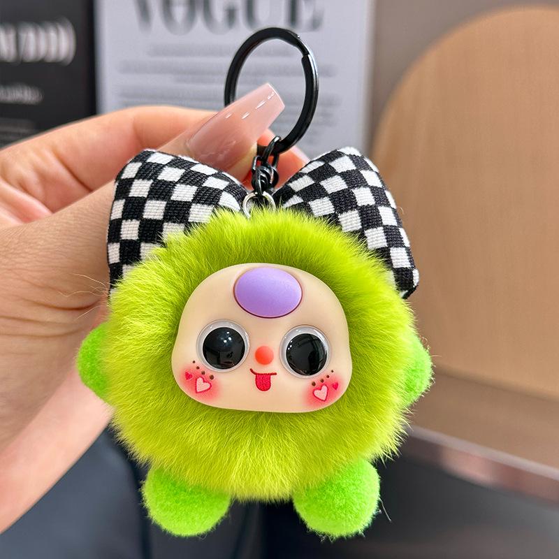 Imitation Rex Rabbit Bowknot Keychain with Coal Ball Pendant - Cute Doll Backpack Charm