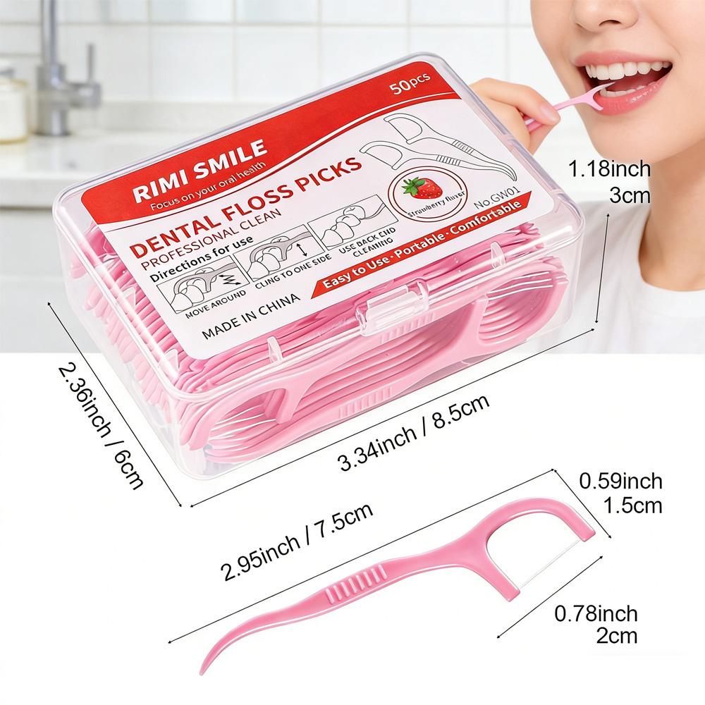 RIMI SMILE 50/150PCS Strawberry Flavor Ultra Fine Dental Floss Picks Disposable Teeth Cleaning Floss Sticks with Portable Floss