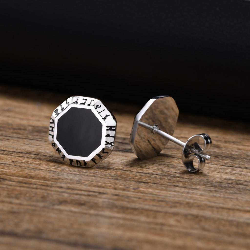 Gothic Norse Viking Earring Studs for Men Stainless Steel Octagon Viking Ear Talisman Vegvisir Mjolnir Amulet Gift for Male Boys