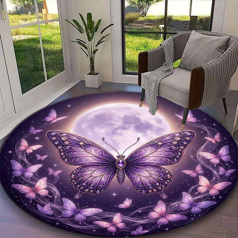 1pc Round Rug Appropriate for Office, Deep Wine Floral Butterfly Carpet, Versatile Printed Chair Rug, Durable Home Sofa Carpet