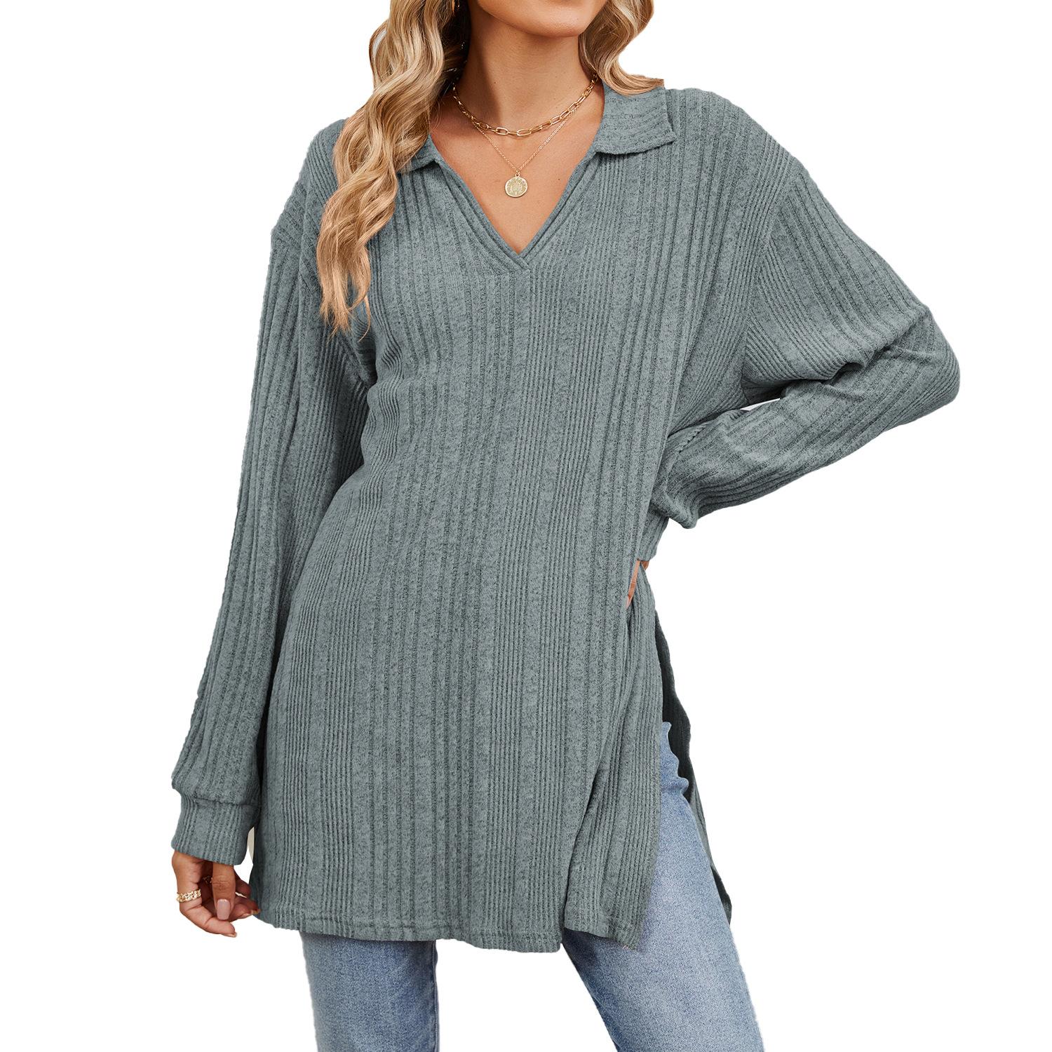 

Осенняя женская блузка больших размеров, однотонная, с V-образным вырезом, с длинным рукавом, свободные топы XXL синий