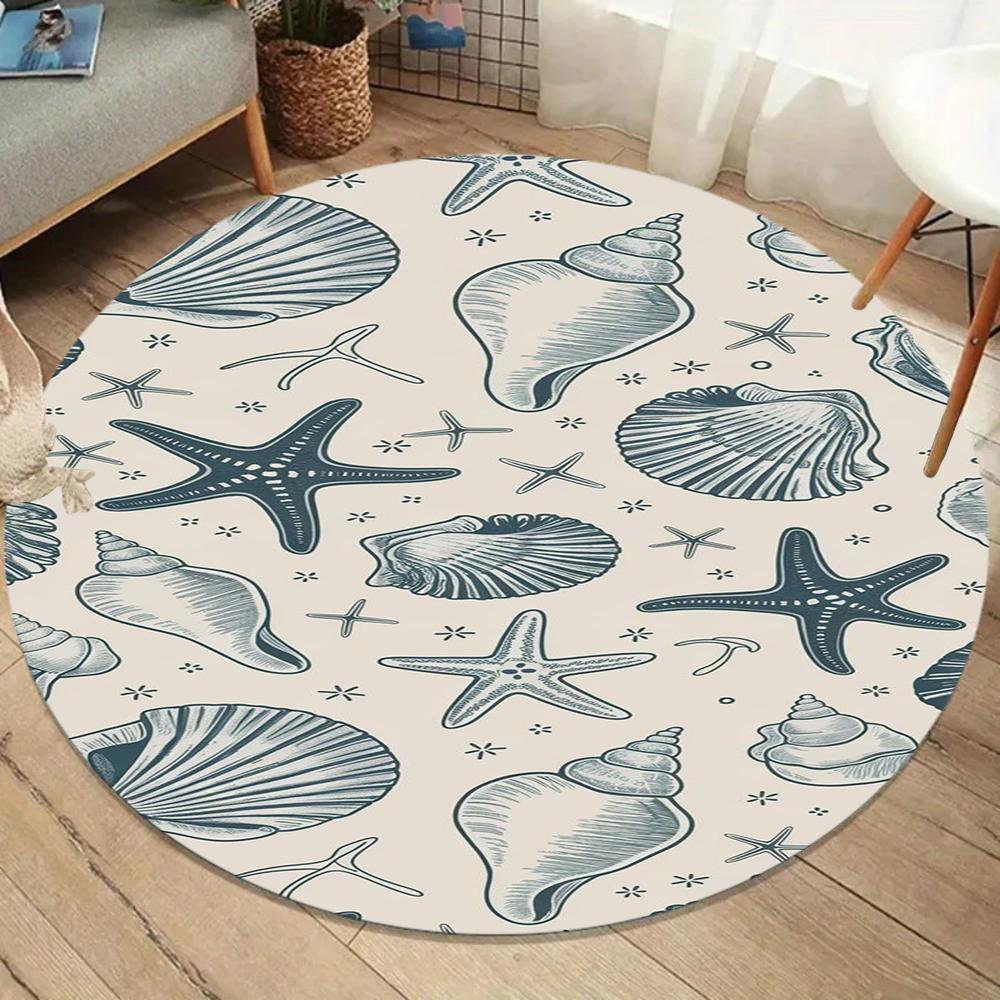 Nautical Seashell Starfish Round Rug Coastal Pattern Carpet Anti-Slip Large Area Rug for Living Room Bedroom Decor