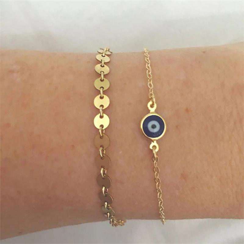 Simple Design Turkish Evil Eye Charm Bracelet for Women Boho Lucky Gold Color Copper Chain Adjustable Bracelet Summer Jewelry