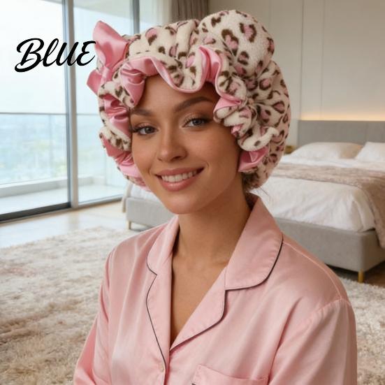 Soft Plush Sleep Hat Leopard Print Sleeping Bowknot 3D Cat Ear Decor Adjustable No Satin Cap Frizz Fit Double Layer Lined Hair Protection Bonnet