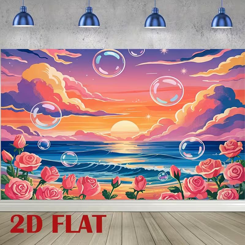 

2D Colorful Beach Sunset Backdrop, Ocean Waves, Roses & Bubbles Background 47.2x31.5inch/120*80cm