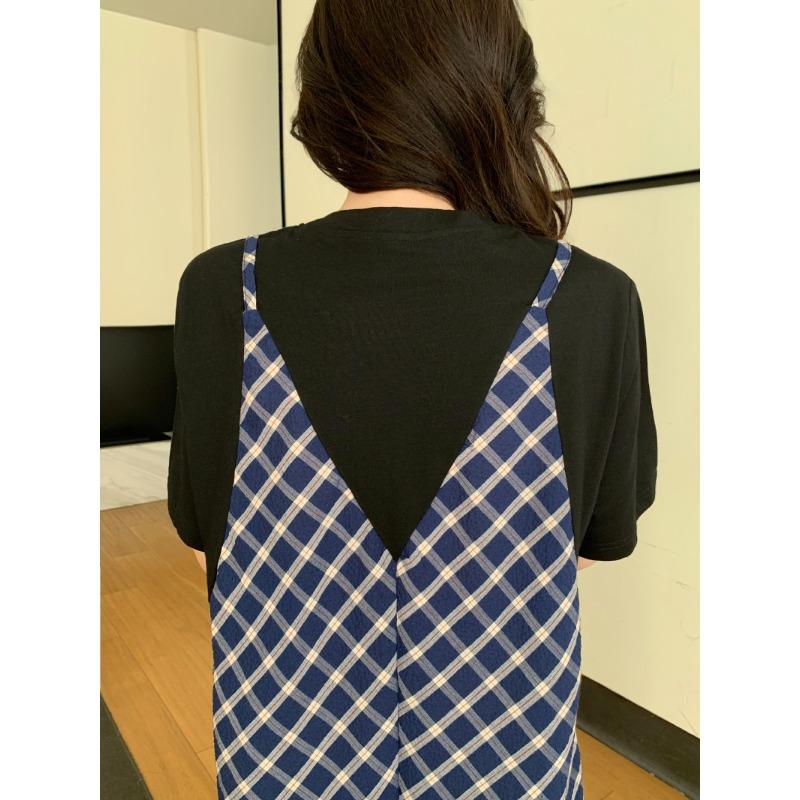 DIMANAF 2025 Summer Plus Size Dress Women Casual Vintage Plaid Dress Basic Long Elegant Loose Fake Two-Piece Dress