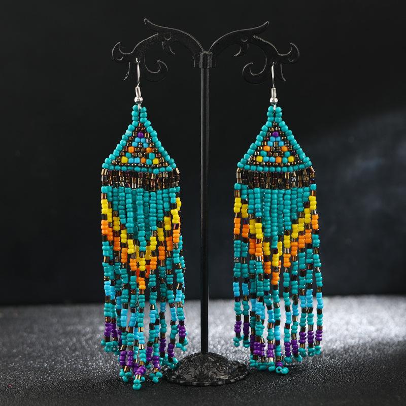 Hand-woven Bohemian Earrings, Long Rice Bead Fringed Earrings, Personality Temperament Women's Earrings.