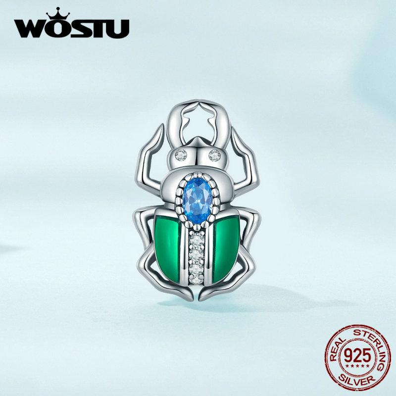 WOSTU 925 Sterling Silver Green Beetle Beads Animal Charms For Women Fit Original Bracelet DIY Necklace Jewelry Making Gift
