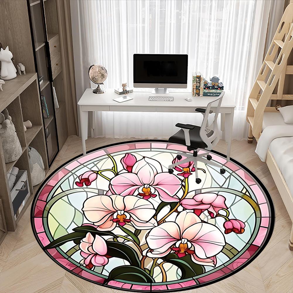 1pc Orchid Stained Glass Office Round Rug, Carpet for Office, Gaming, Lightweight Round Floor Mat yy260205018