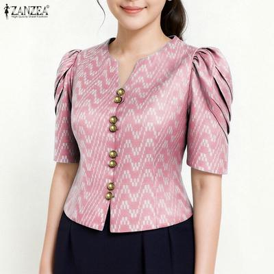 Women Casual V-Neck Summer Short Sleeve Print Blouse