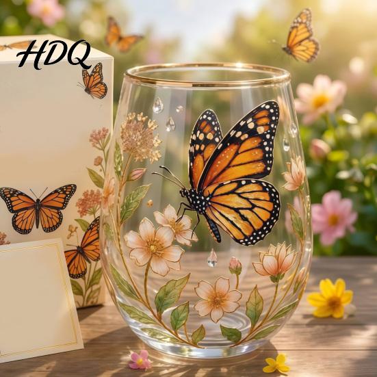 Hand-painted Glass Cup Hand Painted Tumbler Egg Shaped with Gold Rim Clear