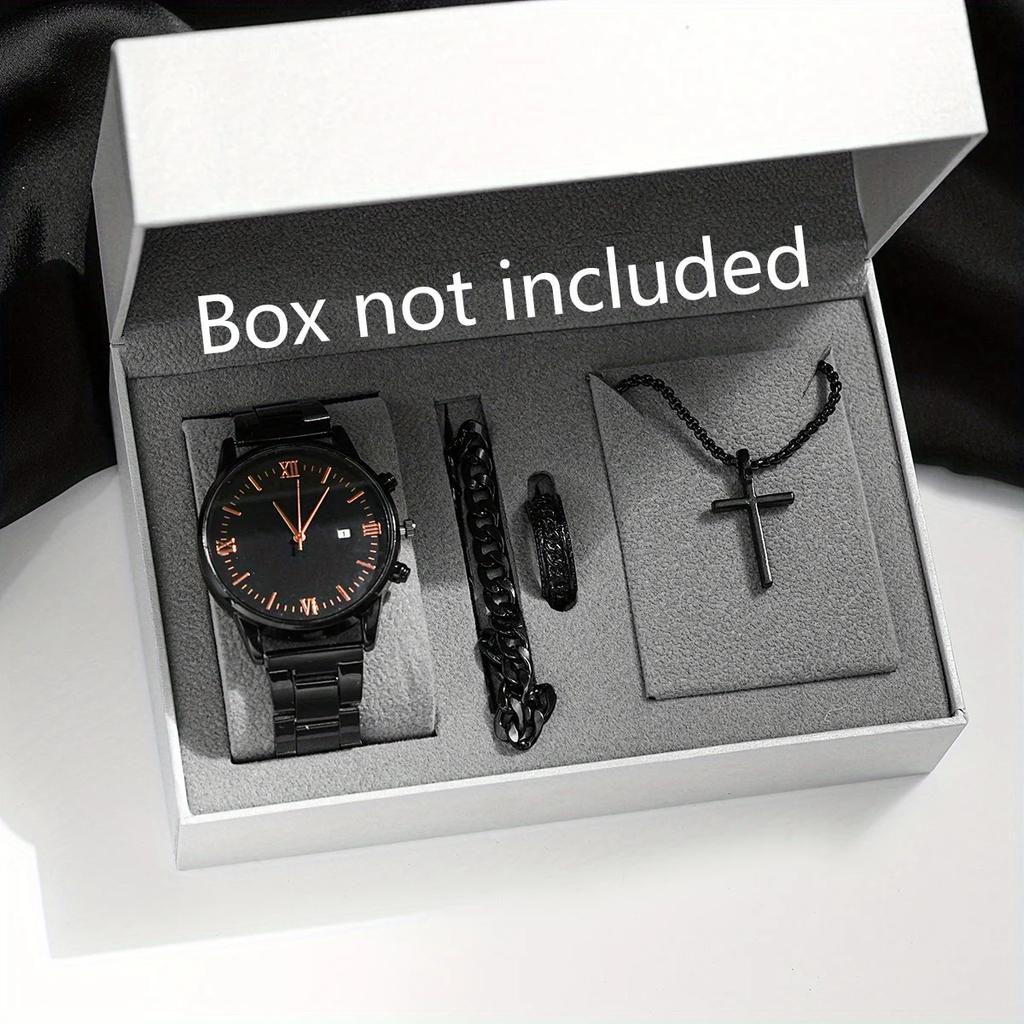 4pcs-Trendy Cross Hip Hop Jewelry Chain Ring Bracelet Necklace Three Piece Set+Casual Quartz Watch, Ring Bracelet Necklace Watch