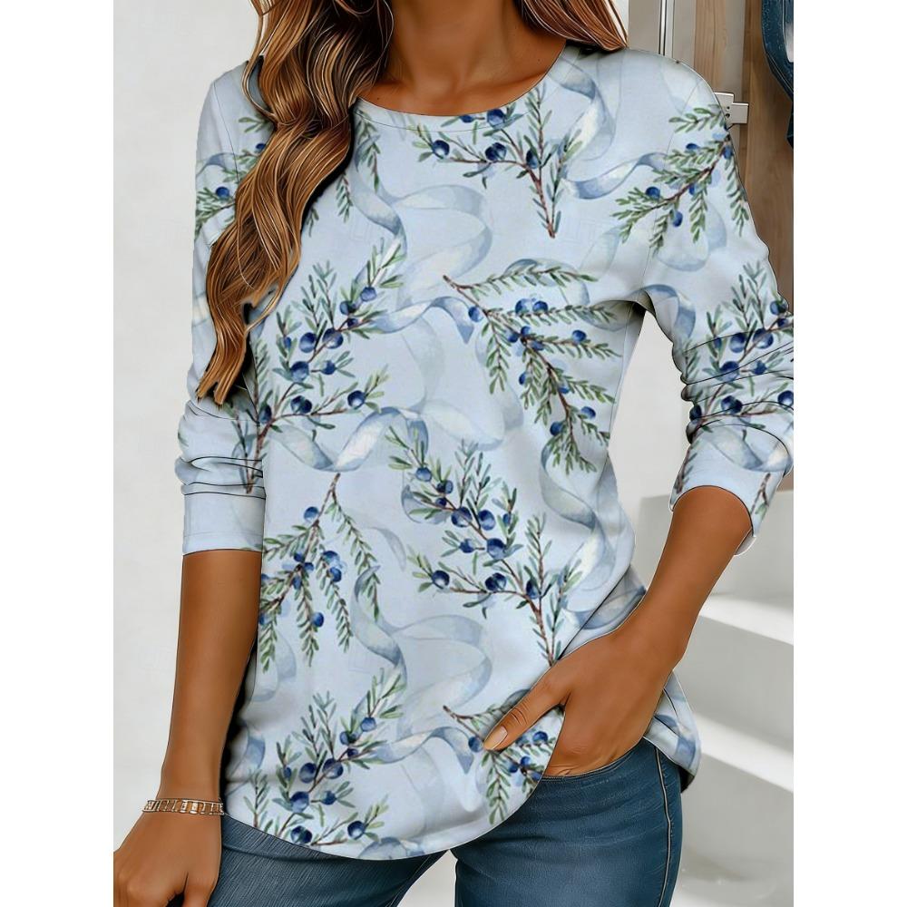 Women's Blue Flower Watercolor Printed Long Sleeve