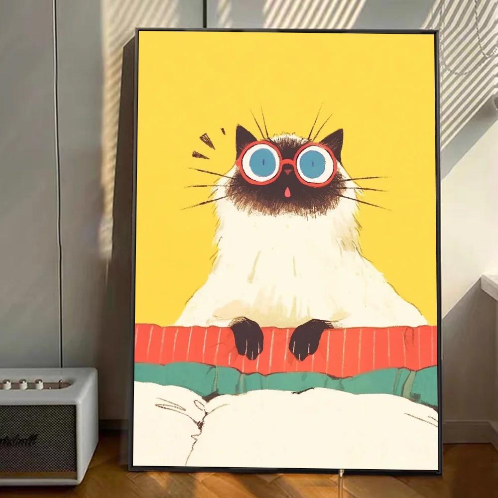 Vintage Wall Art, Funny Animals Kawaii Cats,.High Definition Canvas Printed Poster, Home Living Room Bedroom Decorative Items