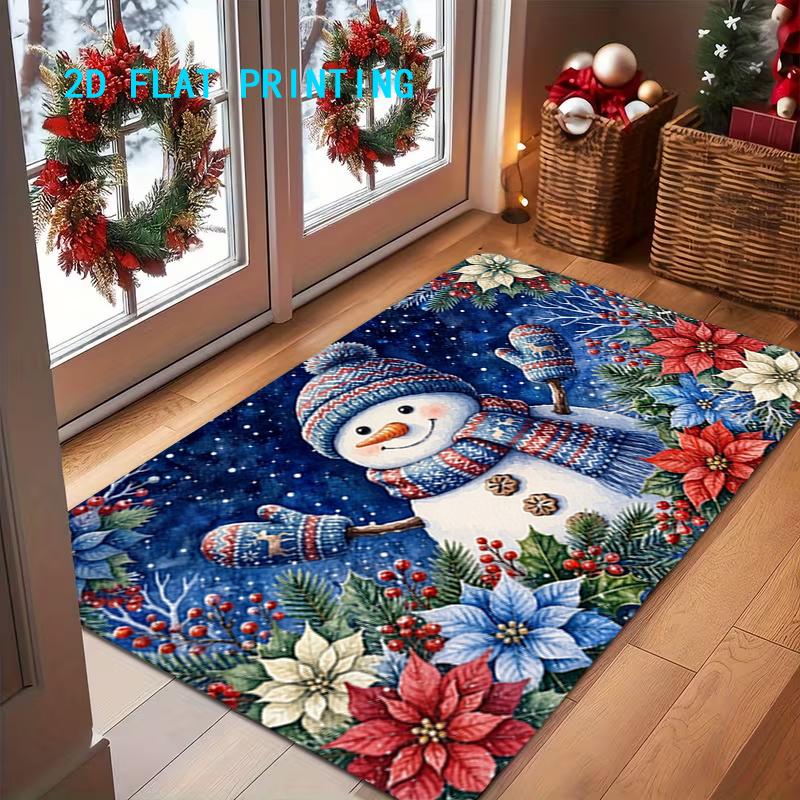 1pc Christmas Snowman & Poinsettia Mat Suitable for Home Decor, Non-Slip Machine Washable Entryway with Snowman Poinsettia Pattern, Colorful Suitable
