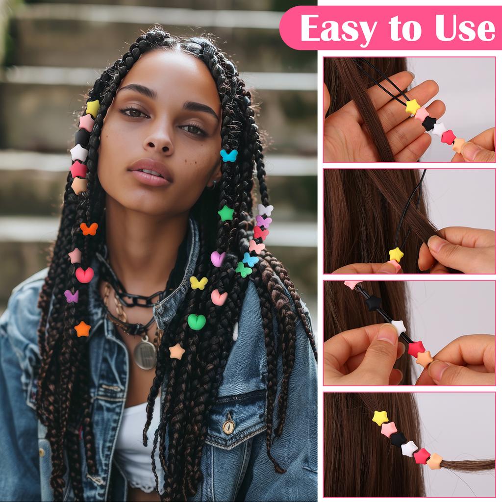 180 Stück Silikon-Haarperlen 5 mm Herz Stern Schmetterling Bunt Weich Pony-Perlen Großhandel Haar-Accessoires Mit Schnell-Einfädler Und 100 Gummi
