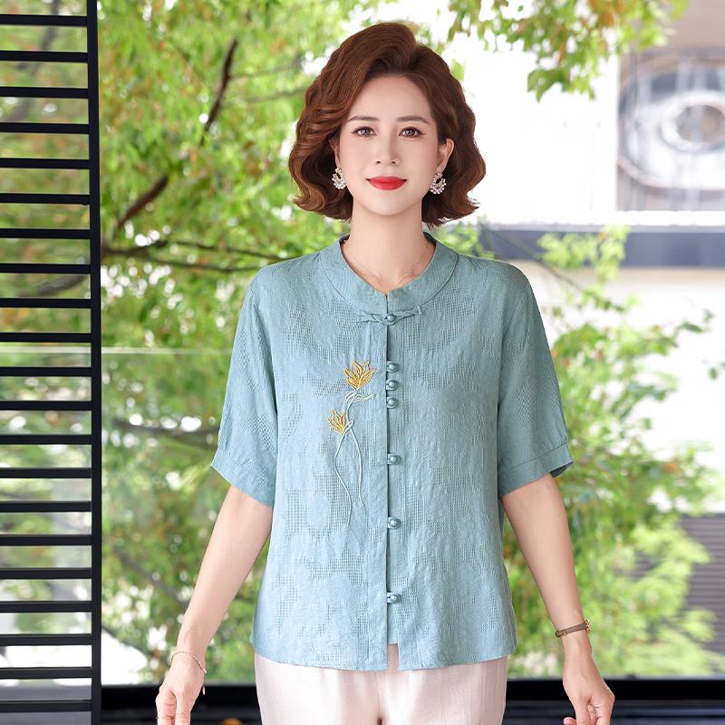 New Chinese Style Embroidered Stand Collar Summer Shirt for Women 3XL