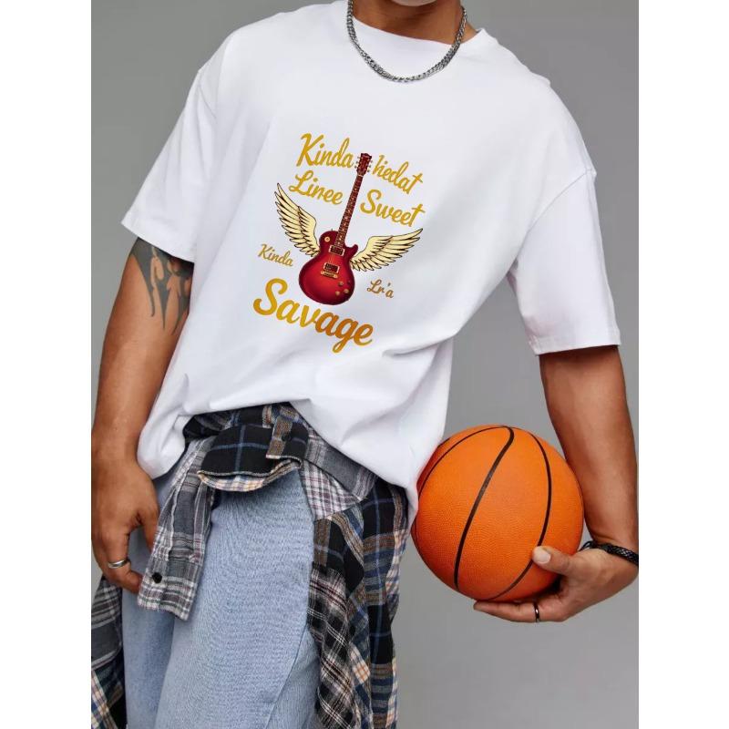 White T-Shirt with Guitar and Wings Print Kinda Sweet Kinda Savage Text for Music Lovers Casual Wear