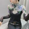 2023 High-Neck Floral Mesh Pullover: Elastic Long-Sleeve Autumn/Winter T-Shirt