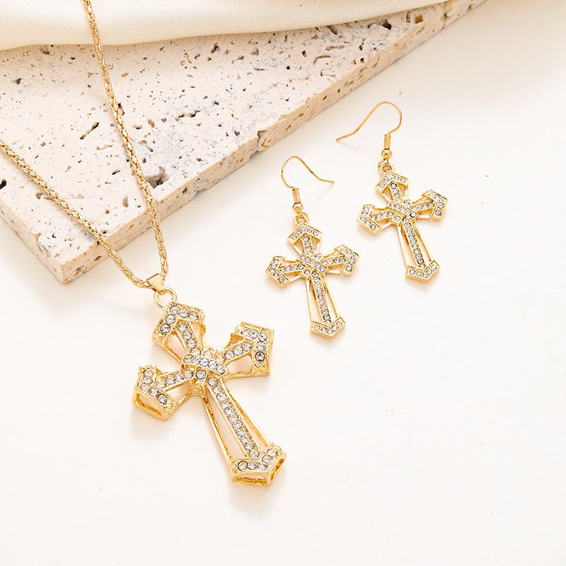 European & American Retro Full Diamond Cross Necklace & Earrings Set