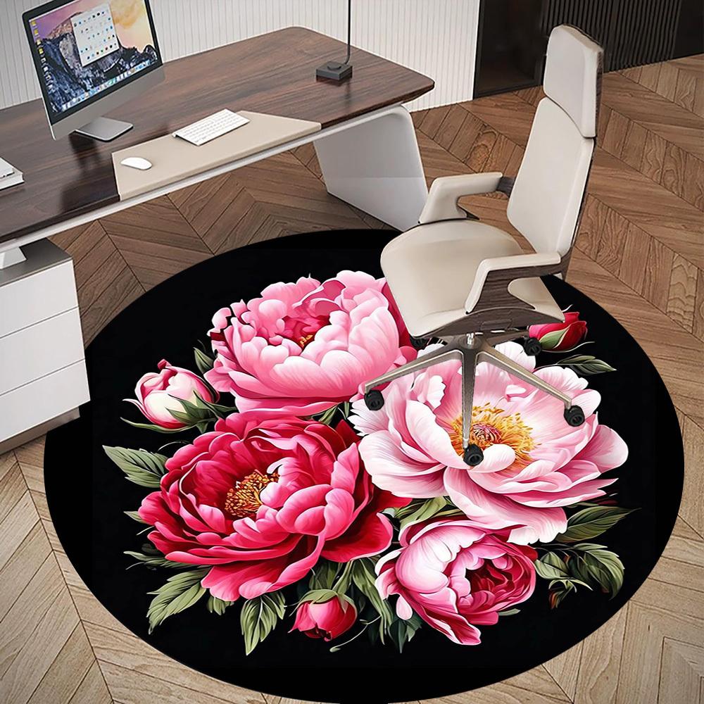 1ks Květiny Pivoňky Kulatá Podložka na Židli Koberec - Protiskluzová, Podlahová Rohožka do Kanceláře, Ložnice a Vnitřní Výzdoby -1002173