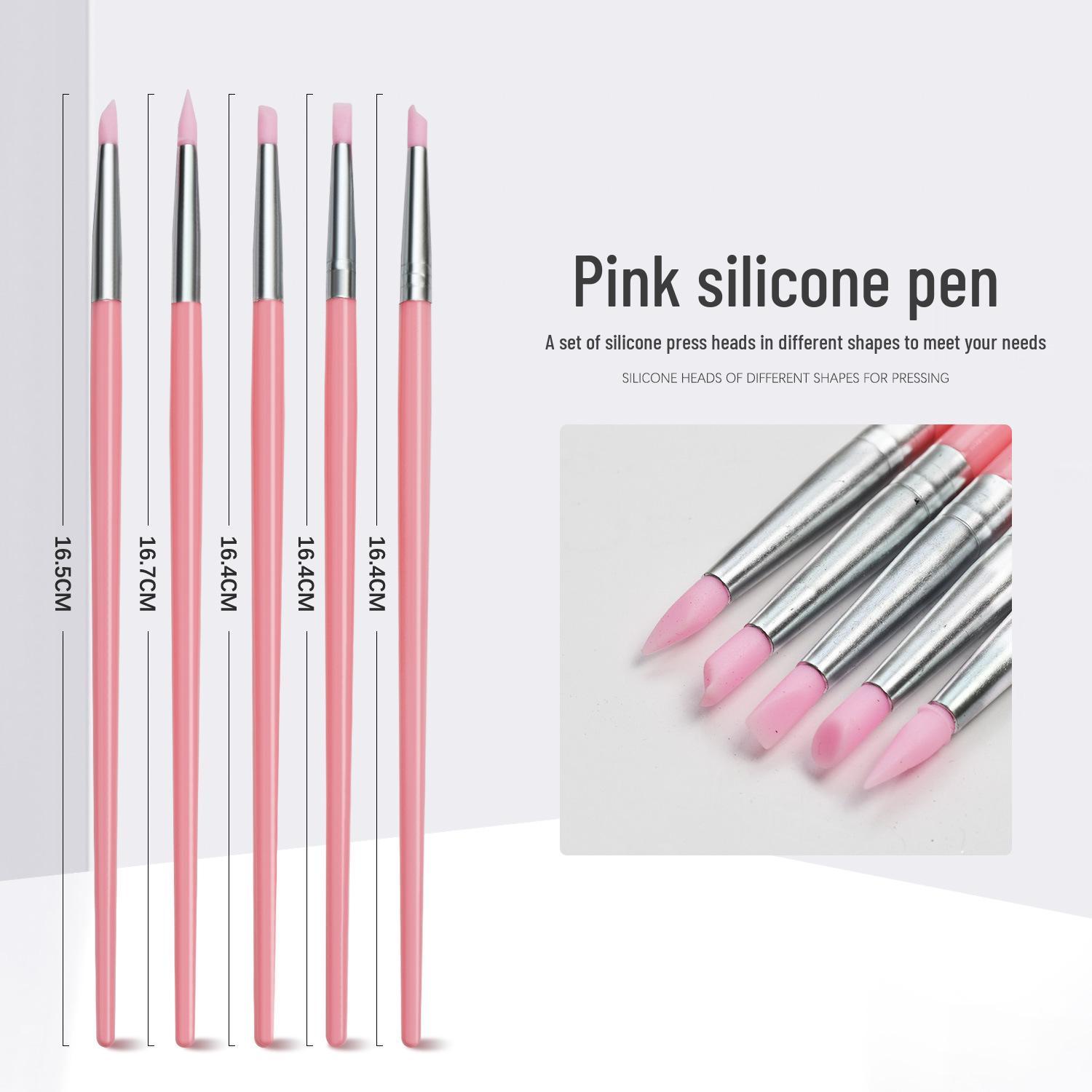 5-Piece Pink Silicone Nail Art Pen Set for Carving, Embossing, Gradient, and Mirror Powder Blending