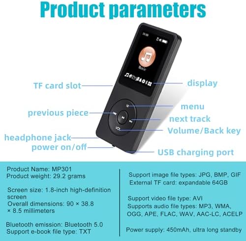 64GB MP3 Player Bluetooth 5.3 with Headphones, HiFi Sound Music Player for Sports, 1.8" TFT Color Screen