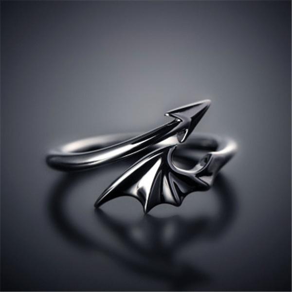 Schwarz Weiß Partner Ringe für Liebhaber Mode Punk Finger Gothic Böse Vampir Flügel Pfeil Damenschmuck gray
