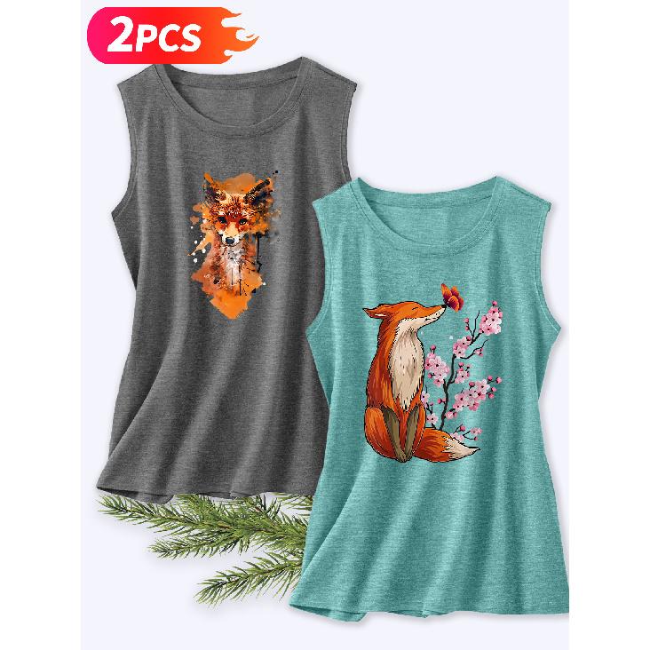 Follow a Specific Direction Two-piece Women's Vest Set Watercolor Fox and Cherry Blossom Vintage Print Elegant Summer Clothing Sleeveless Vest