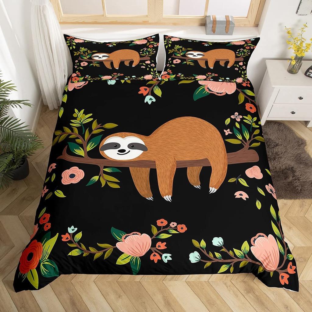Kids Sloth Duvet Cover Set Queen King Size, Cute Animal Pattern Polyester Comforter Cover, Branches Winter Theme For Boys Girls