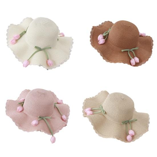 Beach Hat Wave Lace Trim Design Tulip Bow Decor Full Face Sun Protection Large Brim UV Blocking Summer Straw Hat