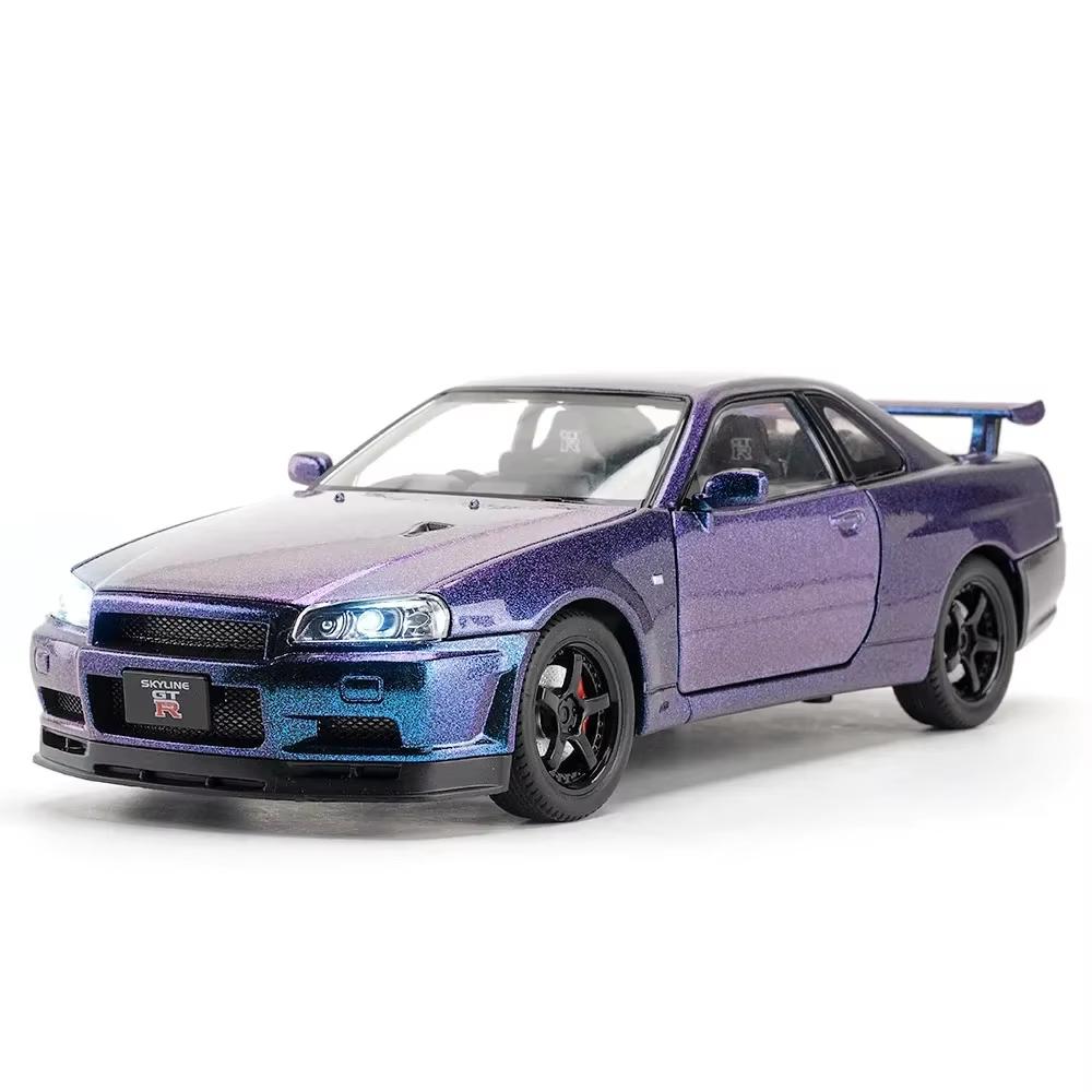 2025 Nou 1:24 Nissan Skyline GTR R34 Model de vehicul din aliaj din metal turnat sub presiune Fast Furious de colecție Cadouri de jucărie de aniversare pentru copii
