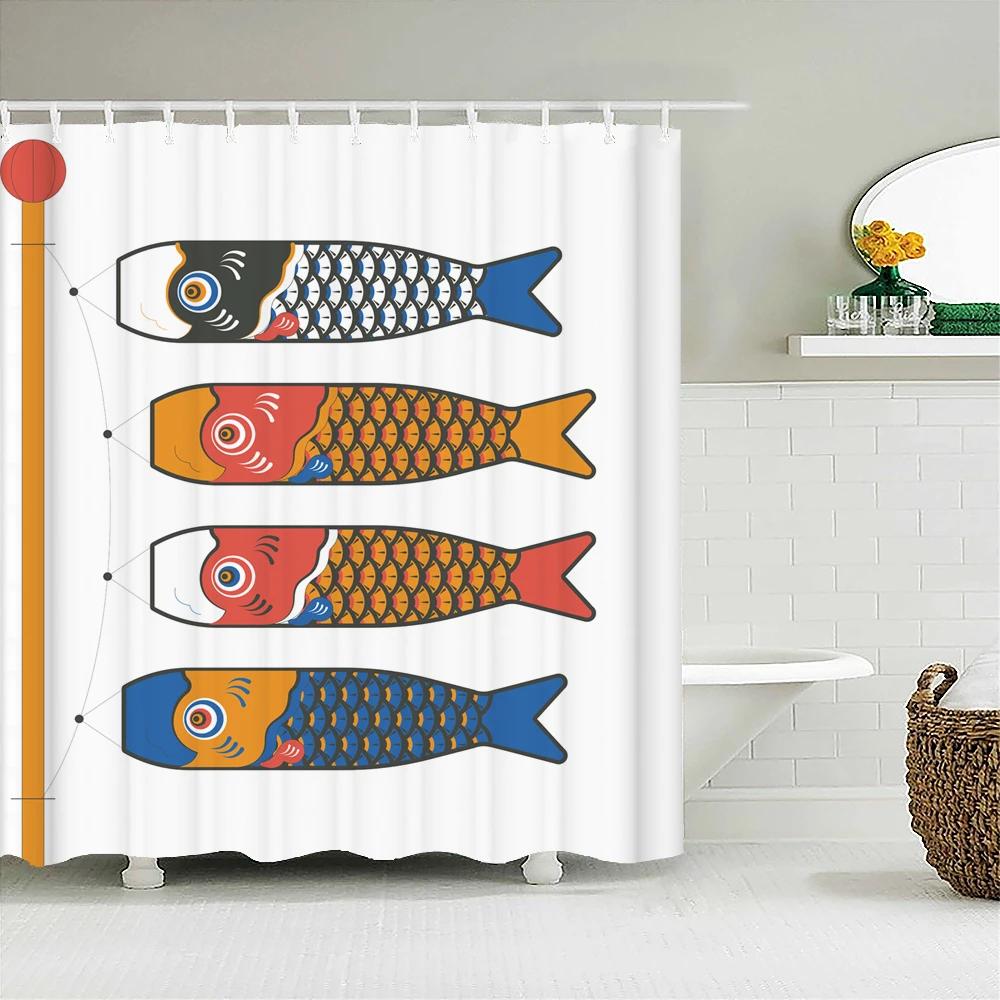 

Lucky Cat Japan Carp Banner Shower Curtain Japanese-Style Landscape Printed Bathroom For Bathing Cover Shower Curtains With Hook W60H190(CM)-1 Pcs