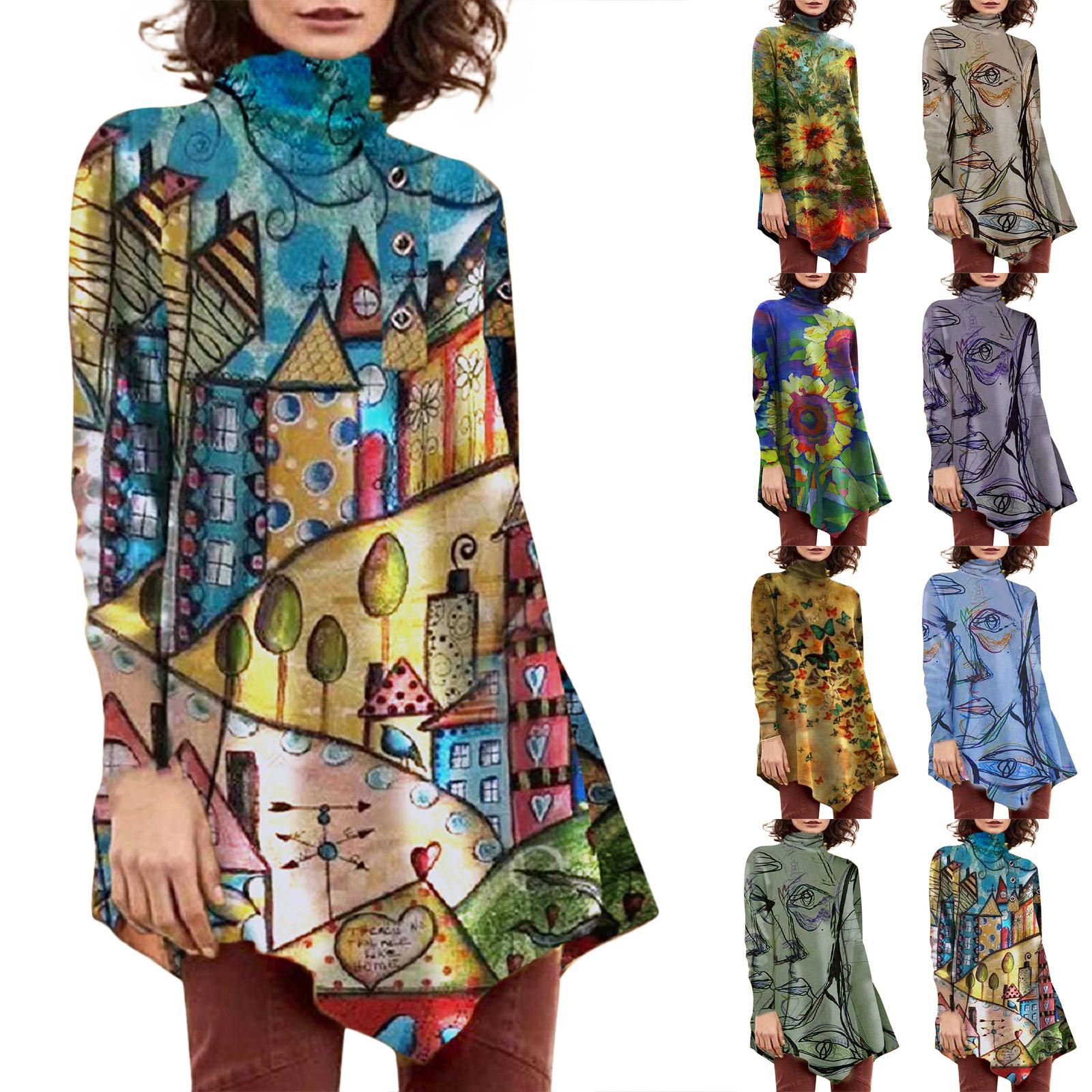

Women s Casual Fashion Round High Neck Print Long Sleeve Pullover Tops