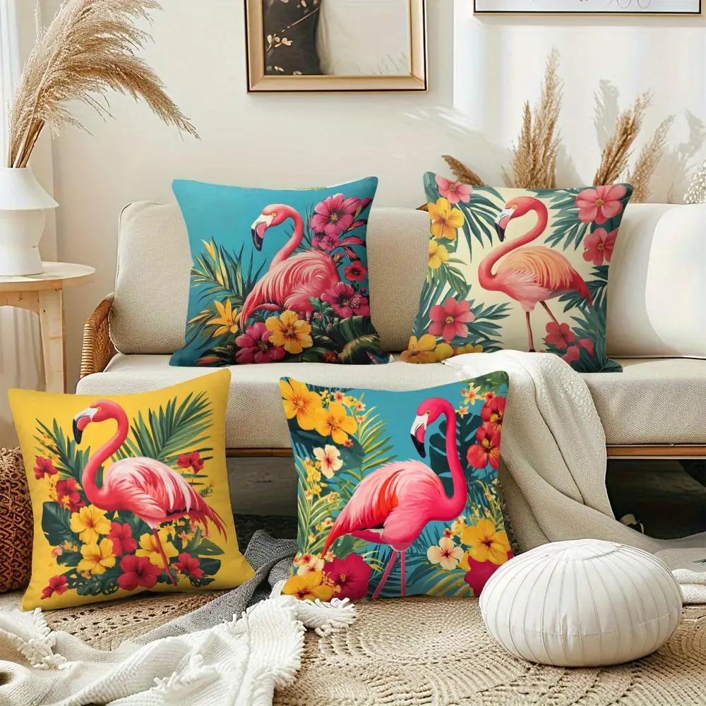 4 Pezzi Copricuscino con Stampa Digitale Motivo Floreale Flamingo Peluche Corto Adatto per Soggiorni Camere da Letto Divani Cuscino Decorativo
