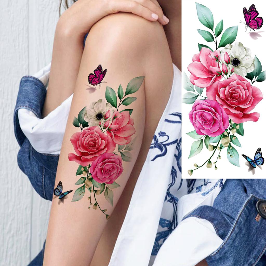 1 Sheet Black Flower Temporary Tattoos For Women Girls Realistic Fake Flora Floral Peony Tattoo Sticker Body Art Painting Decal
