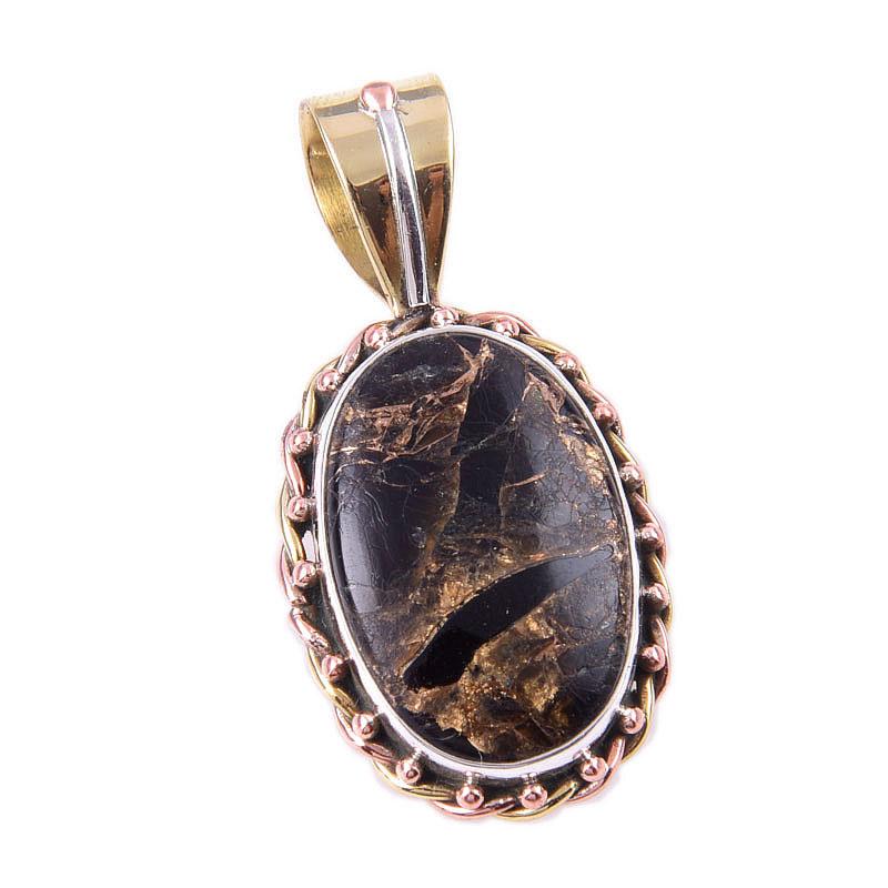 Natural Black Copper Turquoise 925 Solid Silver TwoTone Gift Pendant 1.5" L8Y89