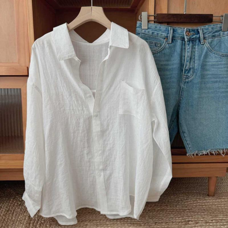 

Casual and Versatile White Breathable Cotton and Linen Sunscreen Long-sleeved Shirt for Women Summer Thin Lazy Style Loose Top M белый