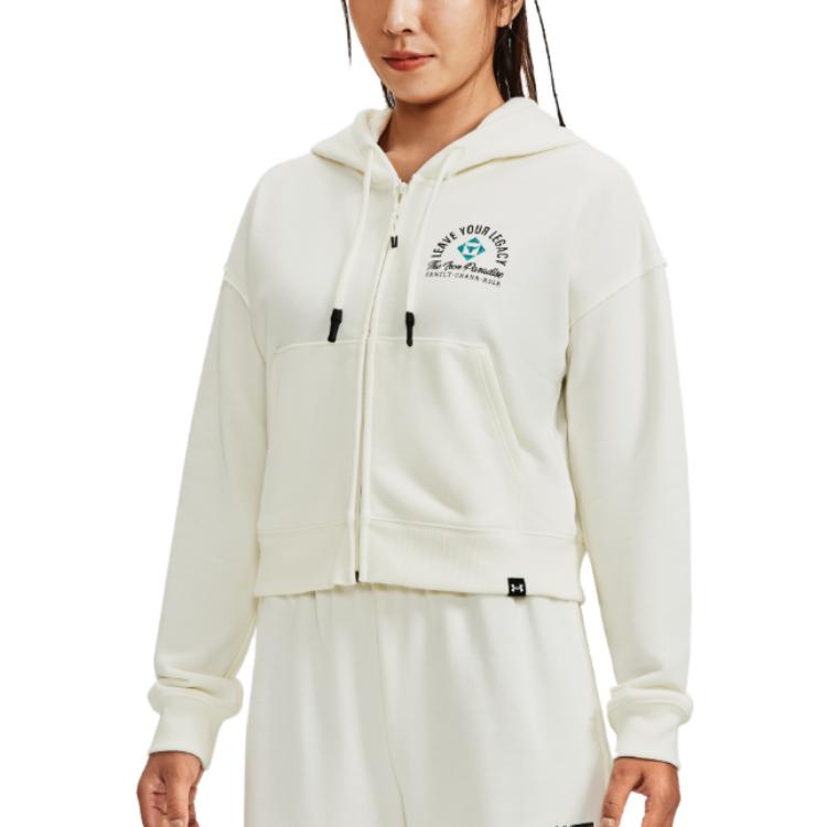 Under Armour Damska bluza z kapturem na zamek z nadrukiem logo Project Rock, ecru 1379002-130