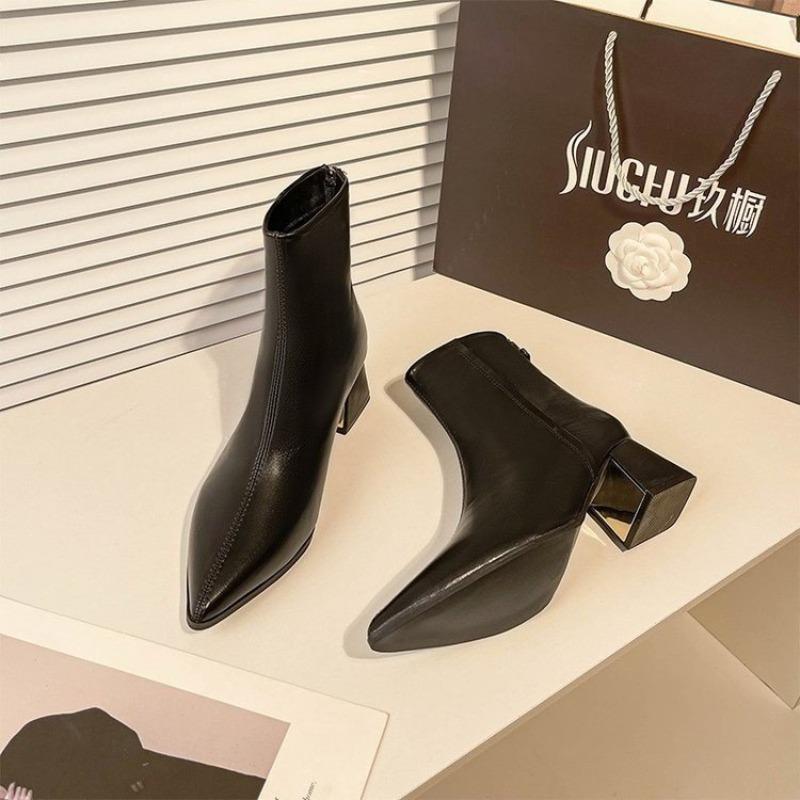 High Heel Boots Thick Heel Pointed Fashion Boots Women's Autumn and Winter New Versatile Women's Boots Rear Zipper Short Boots Women's