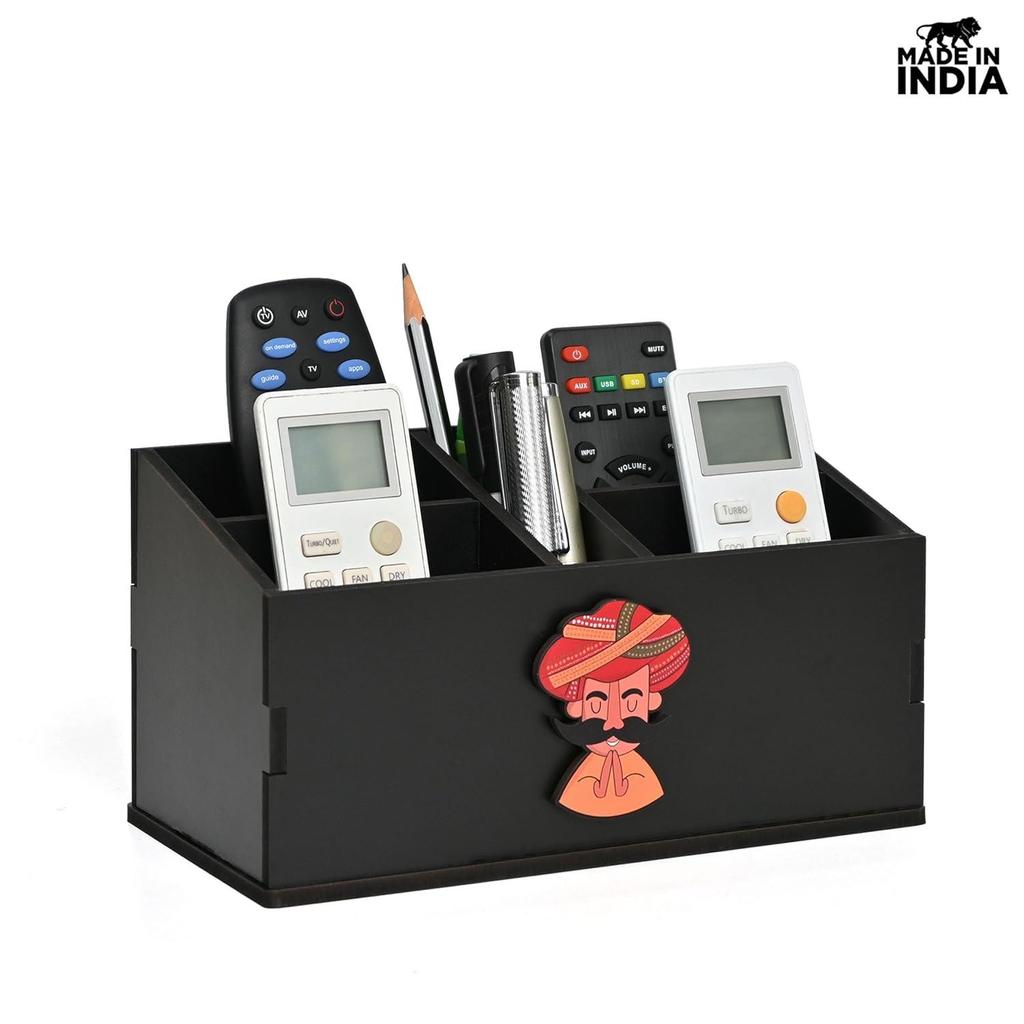 Stand with 5 Sections  Wooden Remote Holder for Living Room, TV, and AC | Stationary Organizer | 5 In 1 | Ideal for Home and Office (Black Rajasthan)
