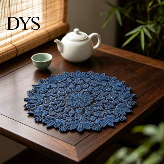 Tea Tray Mats Round Lace Doily, Dark Blue Floral Placemat, Embroidered Table Fabric Doilies Mat, Heat-resistant for Home Decoration Covers