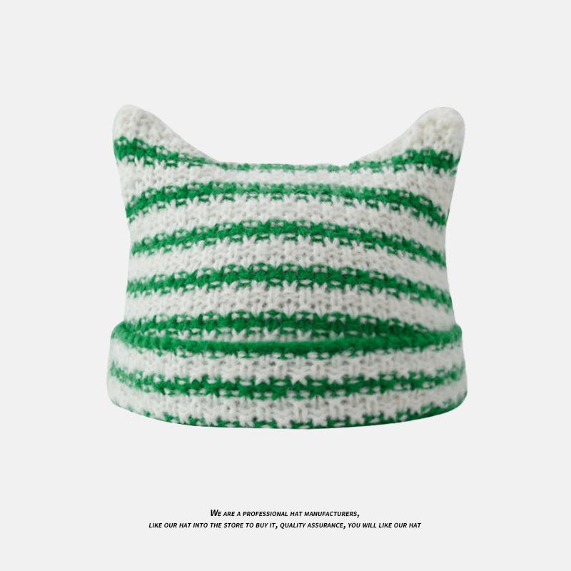 

Autumn and Winter Cute Cat Ears Woolen Hat for Women Japanese Style Striped Warm Knitted Hat for Couples Versatile Pointy Pullover Hat one size