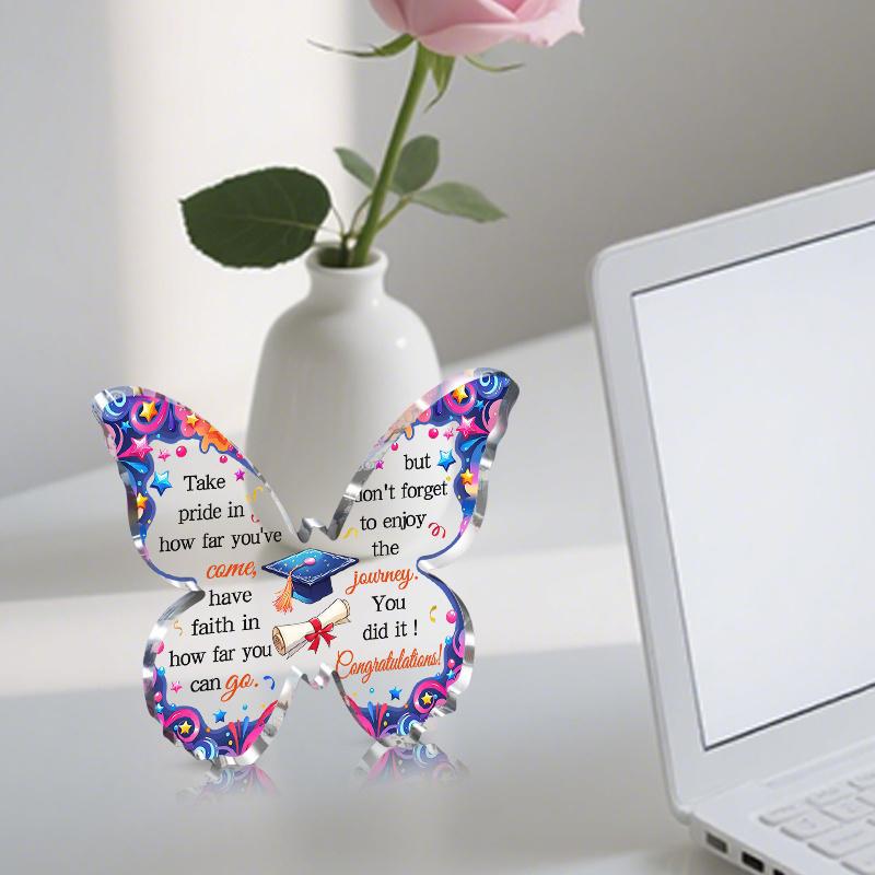 2D Flat, Butterfly-Shaped Graduation Acrylic Desktop Decoration Plaque, Cap & Diploma Design, Suitable for wall Decoration, porch, Room, Villa, accent