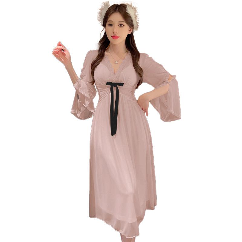 Gentle And Sweet Wind Spring Summer Nightdress Women'S Lace Mesh Pure Desire Long Sleeve With Chest Pad Dress Loungewear