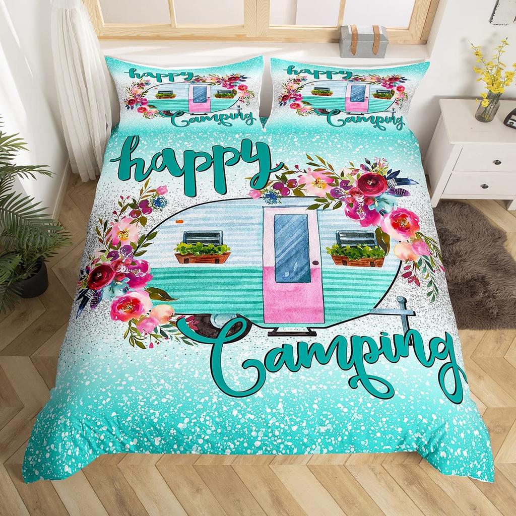 Rustikales Bauernhaus Camper Bettbezug King für Junge Mädchen Blume Happy Camping Bettwäscheset Weltraum Stern Glitzer Galaxie Bettdeckenbezug