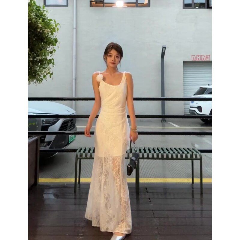 

French style White Sling Dress Women Summer High-Grade Pure Desire Socialite Temperament Slim fit Slimming Tight Sheath Long dress White S